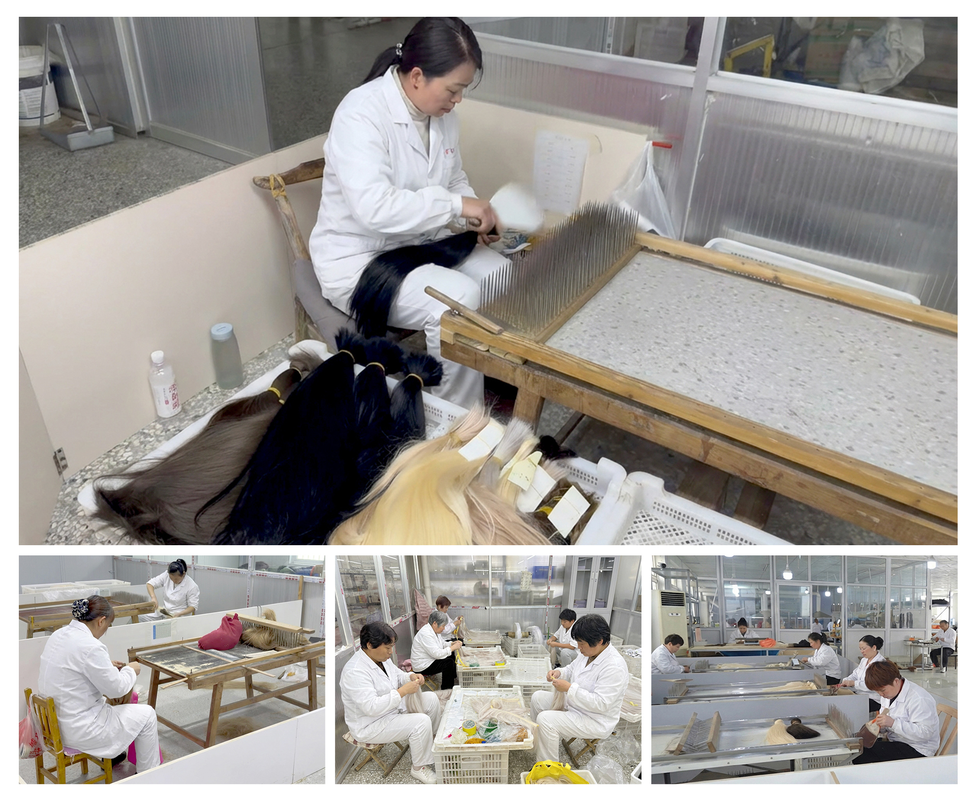 Professional hair extension factory workshop showing skilled technicians hand-drawing premium human hair for B2B wholesale supply.