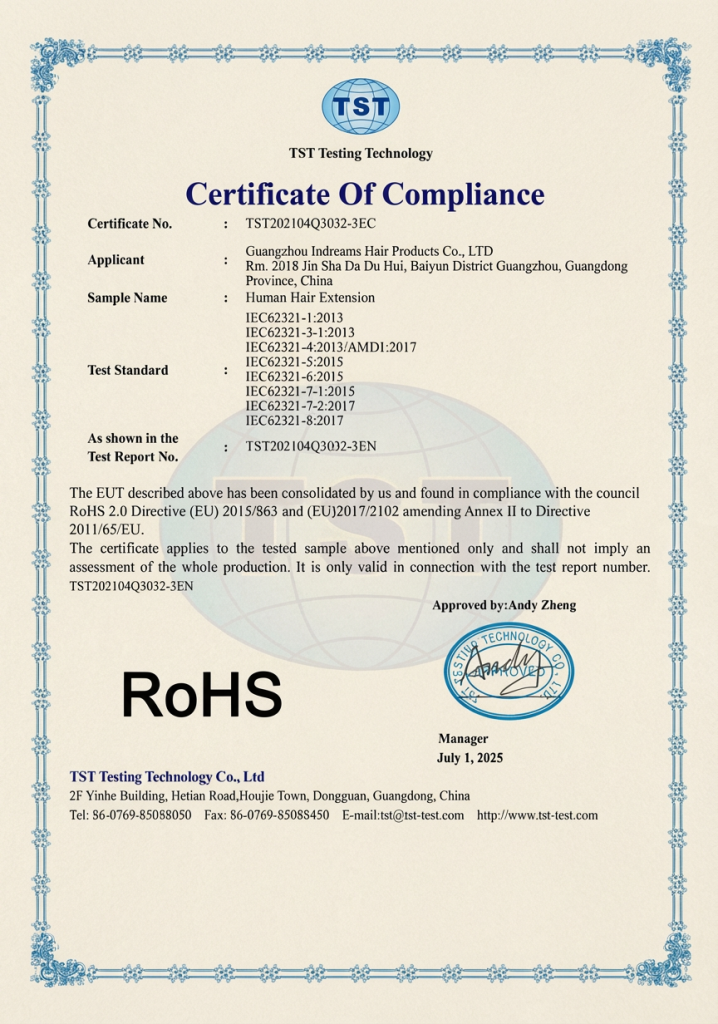 Official RoHS 2.0 Certificate of Compliance for Guangzhou Indreams Hair Products Co. Ltd, guaranteeing non-toxic, safe 100% virgin remy human hair extensions for EU B2B wholesale.