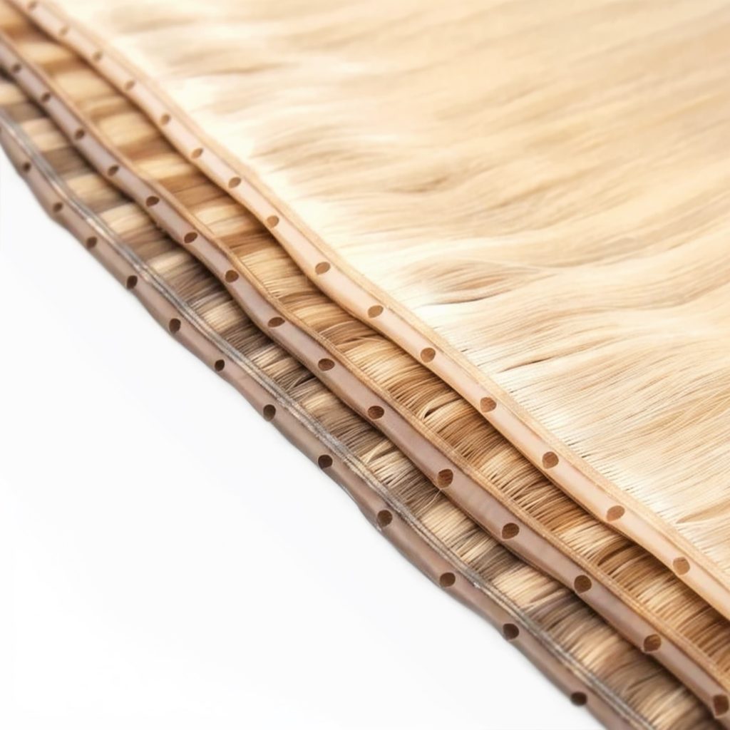 Extreme close-up of premium 100% virgin remy cuticle human hair micro beaded EZ volume weft with pre-punched holes in rooted blonde for B2B wholesale salons.