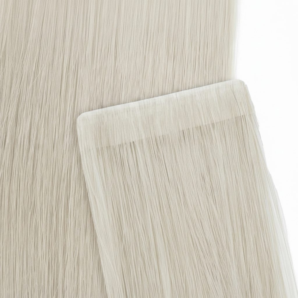 Extreme close-up of premium 100% virgin remy cuticle human hair invisible tape extensions in icy platinum white blonde for B2B wholesale salons.