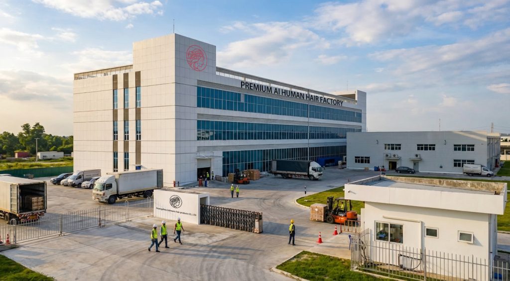 Exterior view of premium human hair extensions factory showcasing massive manufacturing capacity, logistics fleet, and supply chain for 100% virgin remy cuticle B2B wholesale.