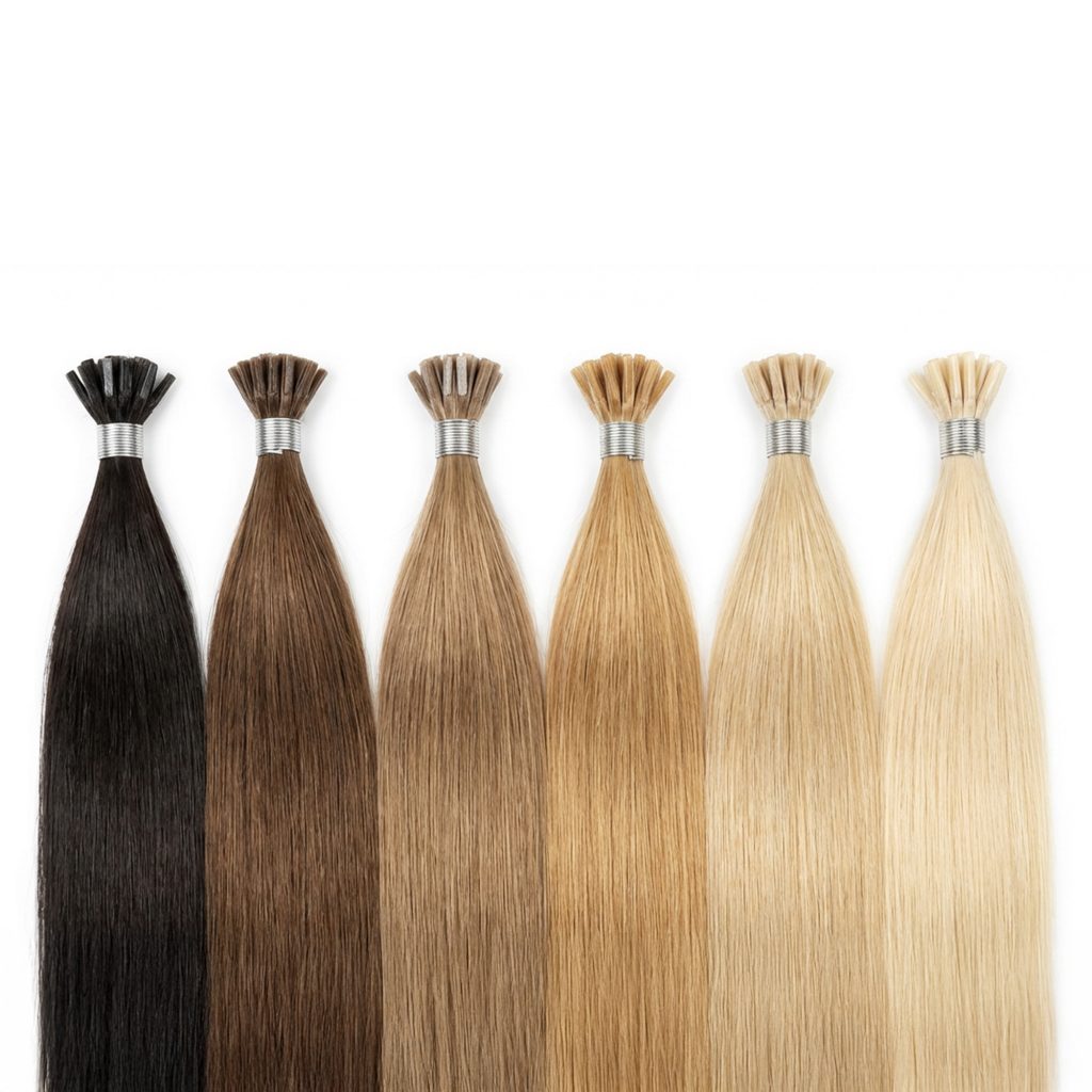 Premium 100% virgin remy cuticle human hair reinforced thread wrapped I-tip stick extensions in a full color gradient from black to blonde for B2B wholesale salons.