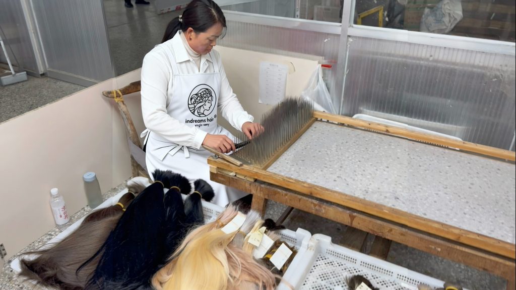 Factory technician combing and sorting raw human hair for hair extensions production
