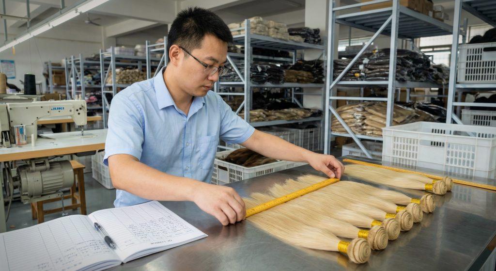 Quality control technician measuring human hair bundles length for wholesale hair extensions production