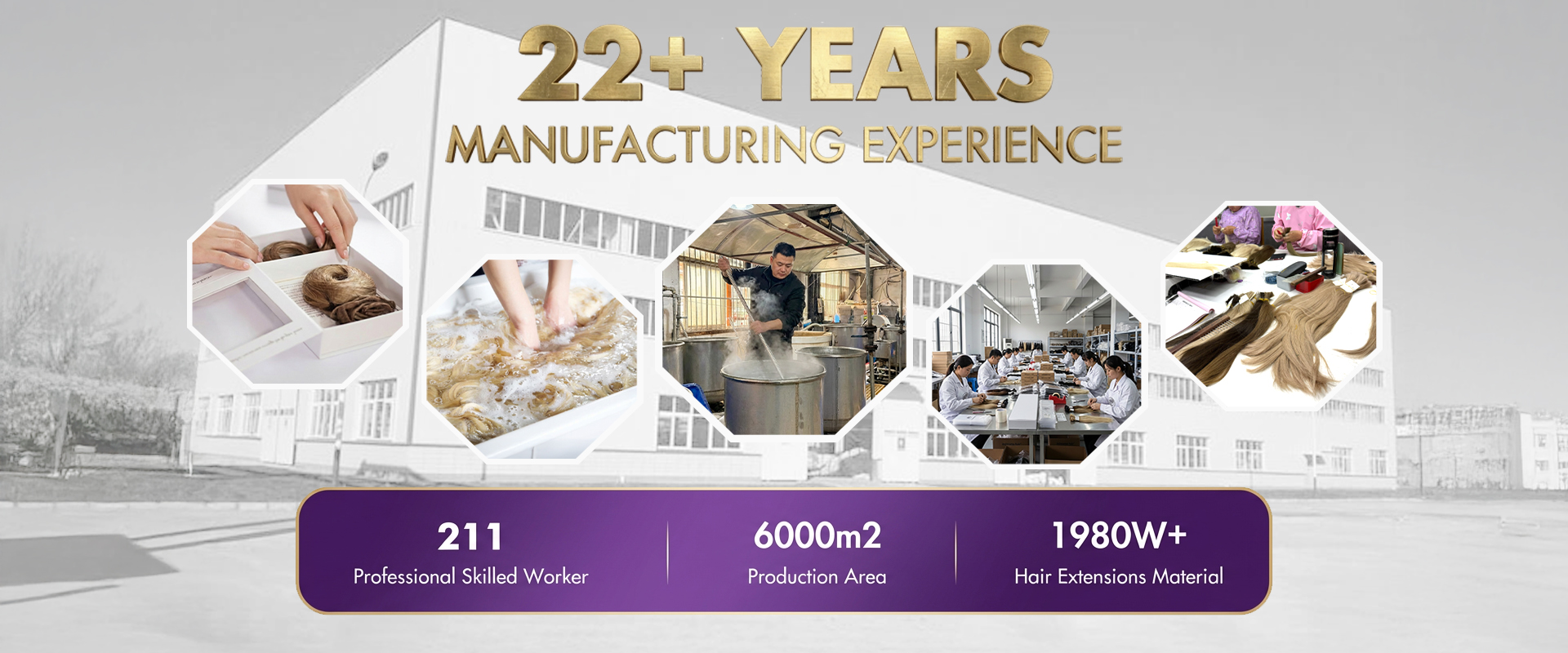 Premium hair extension manufacturing factory showing 22 years of B2B production experience, professional skilled workers, and high-end Caucasian hair processing.