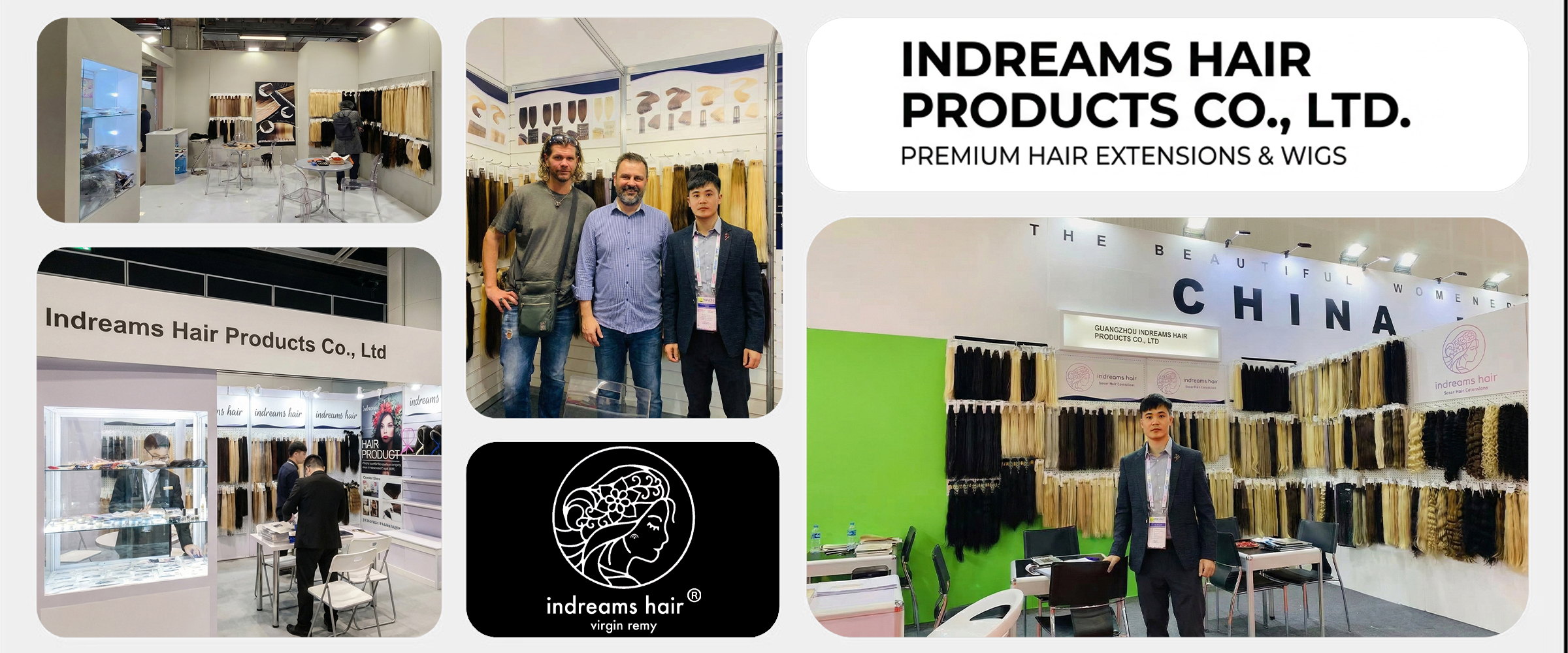 Indreams Hair Products Co., Ltd. team with international B2B clients at a global exhibition, showcasing premium virgin remy Caucasian hair extensions and wigs.