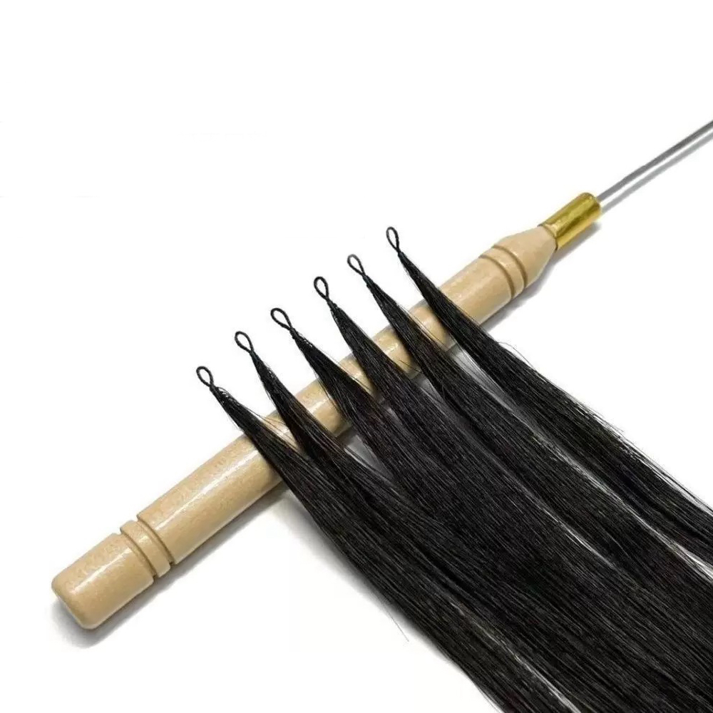 Premium 100% virgin remy cuticle human hair micro loop feather extensions with pre-attached pulling loops and installation tool in dark color for B2B wholesale salons.