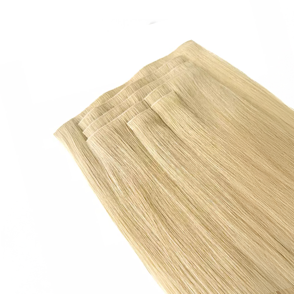Blonde ultra-flat invisible clip in virgin remy cuticle hair extensions from indreams hair 16-year wholesale factory for USA and Europe.