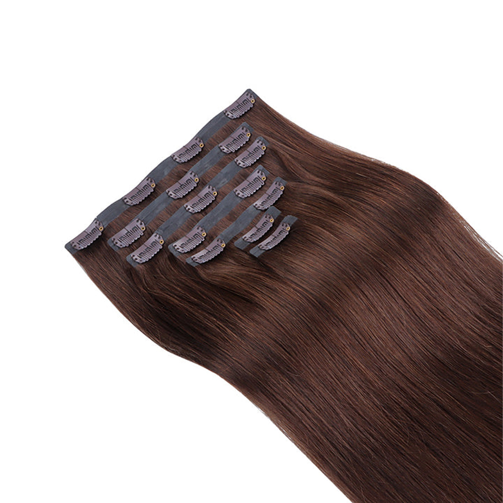 Premium 100% virgin remy cuticle human hair seamless PU clip in extensions full head set in dark chocolate brown for e-commerce B2B wholesale.