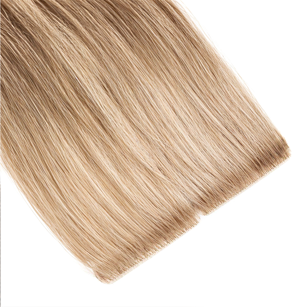 Tape hair Extreme close-up of premium 100% virgin remy cuticle human hair injection tape extensions mimicking natural scalp growth in blonde for B2B wholesale salons.