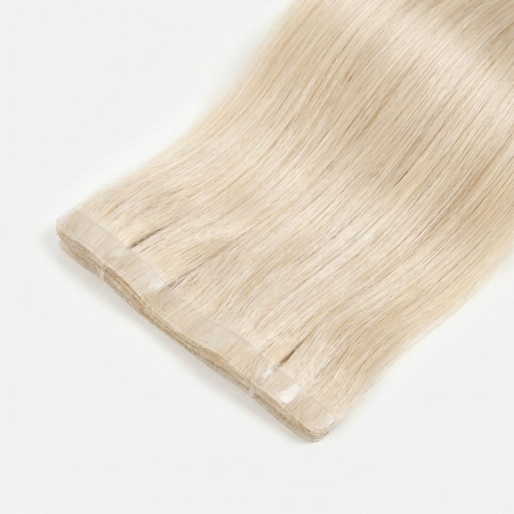 Tape hair Premium 100% virgin remy cuticle human hair long tape weft extensions continuous PU track in platinum blonde for B2B wholesale salons and brands.