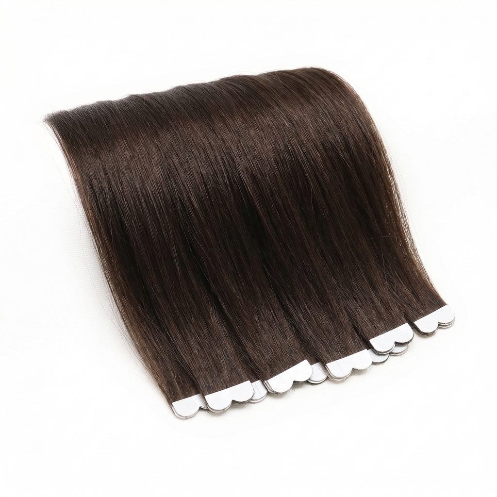 Tape hair Premium 100% virgin remy cuticle human hair pre-cut mini tape extensions with scalloped edges in dark brown for B2B wholesale salons and online brands.