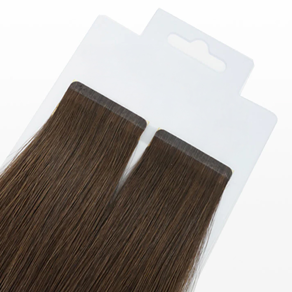 Tape hair Premium 100% virgin remy cuticle human hair slim tape extensions featuring an ultra-narrow PU base in dark brown for B2B wholesale salons and brands.