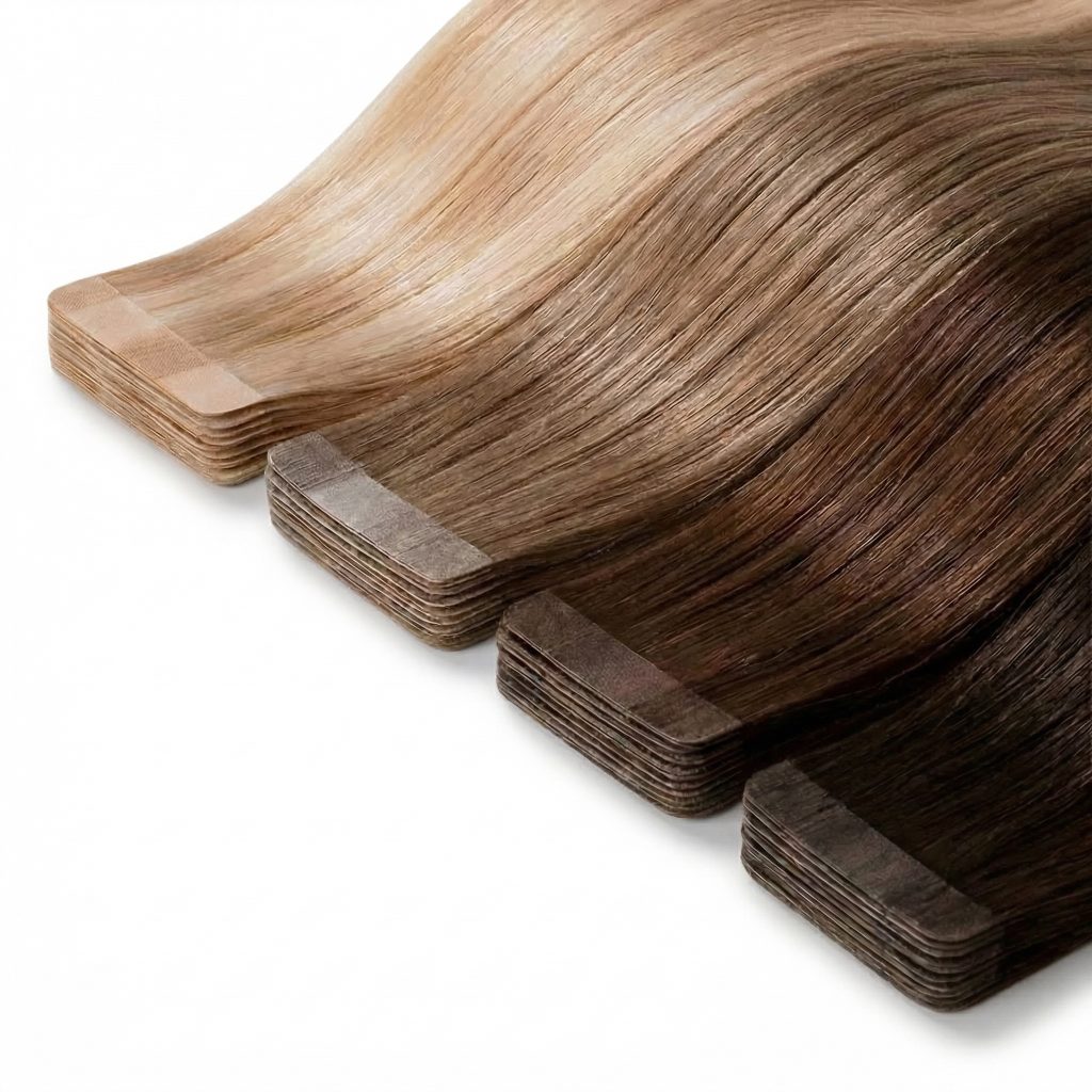 Tape hair Premium 100% virgin remy cuticle human hair seamless PU tape in extensions stacked in blonde and brown colors for B2B wholesale salons and online brands.