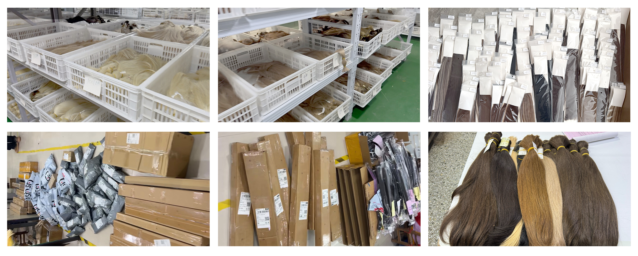 Indreams hair factory massive wholesale inventory, clean storage shelves, retail packaging, and daily global shipping dispatch of premium 100% virgin remy cuticle extensions.