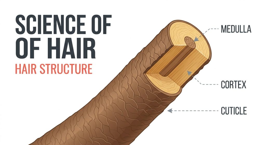 Hair Color Scientific illustration of human hair structure showing medulla cortex and intact cuticle demonstrating 100% virgin remy quality for B2B hair extension wholesalers, online brands, and professional salons.