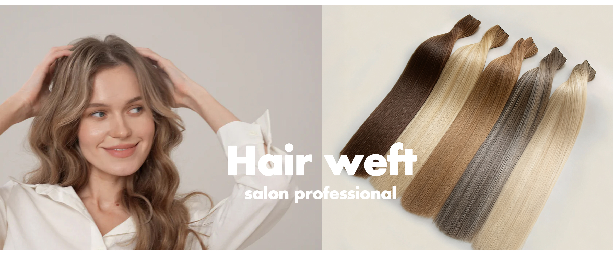 Premium hair weft extensions in various blonde and ash shades for salon professionals, demonstrating seamless blending on a Caucasian model.