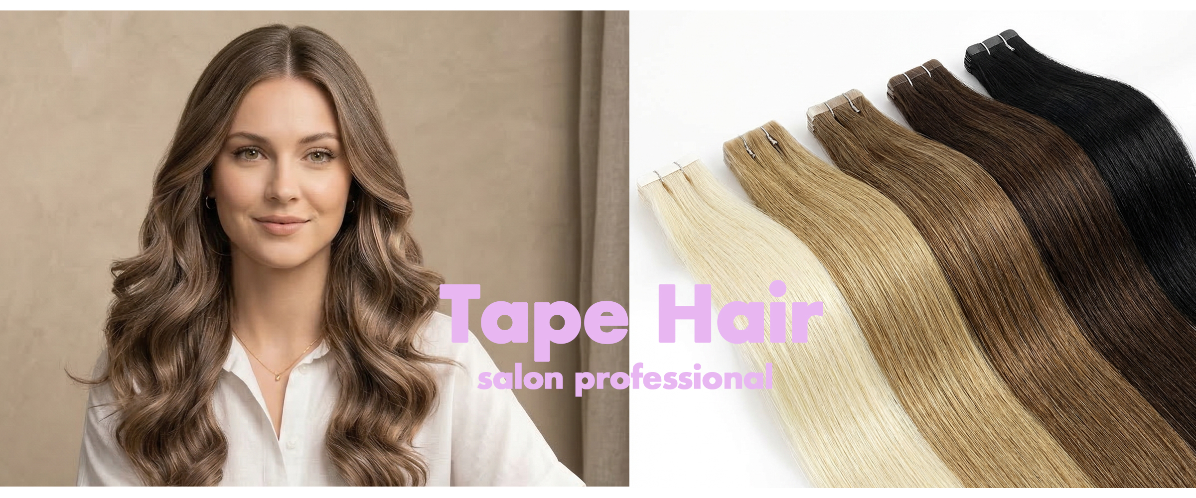 Tape hair Professional tape hair extensions category banner showcasing a salon model and a flawless color gradient of 100% virgin remy cuticle human hair for B2B wholesalers and online brands.
