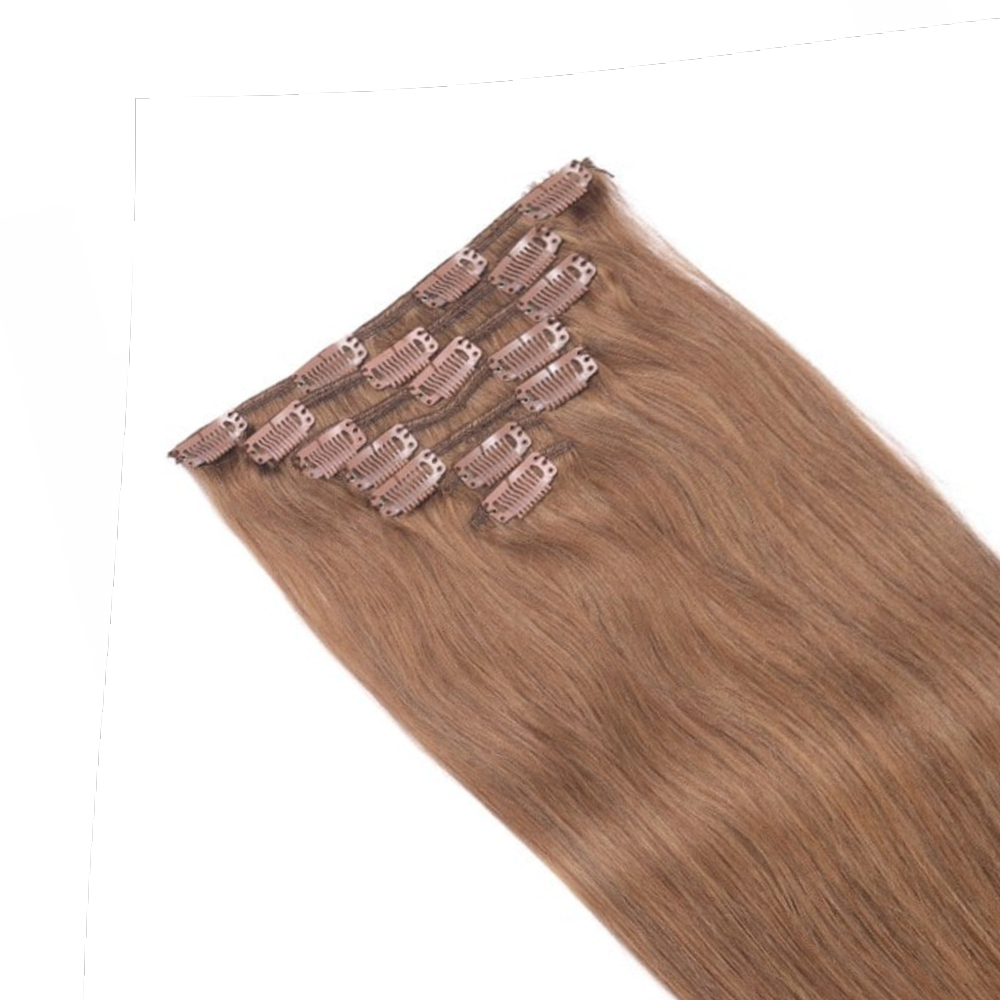 Light brown classic clip in virgin remy cuticle hair extensions from a 16-year wholesale factory supplying European and USA markets.