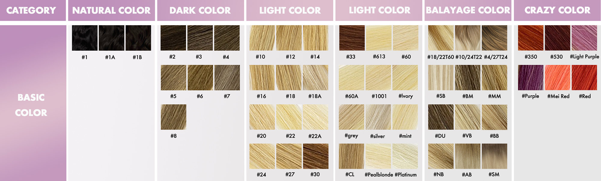 Hair Color Comprehensive B2B wholesale hair extension color chart featuring natural, dark, light, balayage, and crazy colors demonstrating 100% virgin remy dyeing capabilities for wholesalers, online brands, and salons.