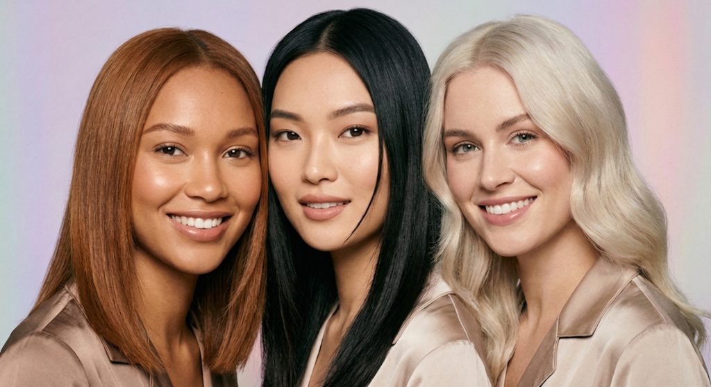 Hair Color Diverse female models showcasing flawless black, brown, and blonde 100% virgin remy human hair extensions manufactured for B2B wholesalers, D2C online brands, and elite salons globally.